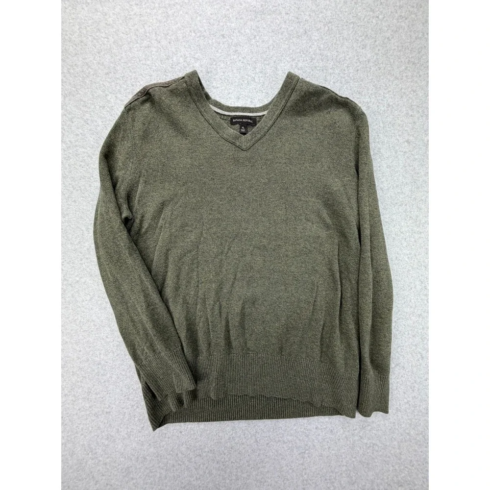 Banana Republic Mens XL Olive Green Cotton V-Neck Sweater Contrast Shoulder Yoke
